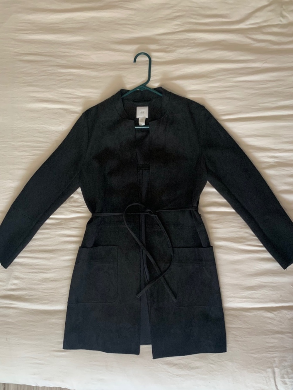 H&M Black Faux Suede Open Front Tie Waist Belted Patch Pocket Jacket Coat XS EUC